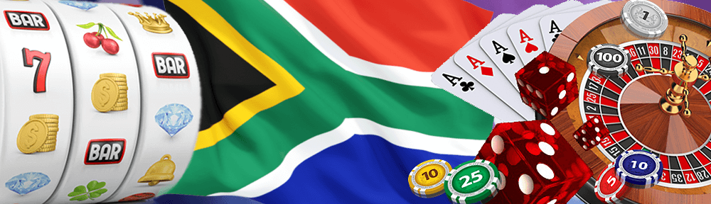 South Africa flag with various casino games, slots, cards and casino chips